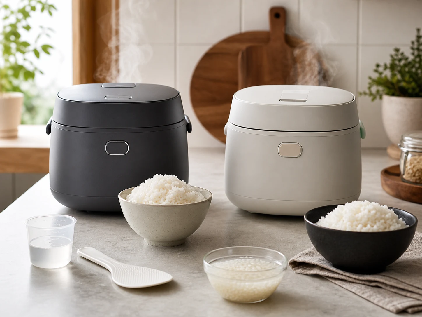 Two compact rice cookers on a bright kitchen counter with bowls of cooked rice, a measuring cup, rice paddle, rinsed rice, and soft steam for the Zojirushi NS-ZCC10 vs NS-TSC10 comparison