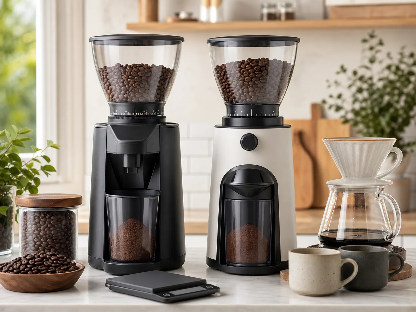 Two countertop conical burr coffee grinders on a bright kitchen coffee bar with whole beans, a scale, pour-over dripper, glass carafe, and mugs for the Baratza Encore ESP vs Fellow Opus comparison