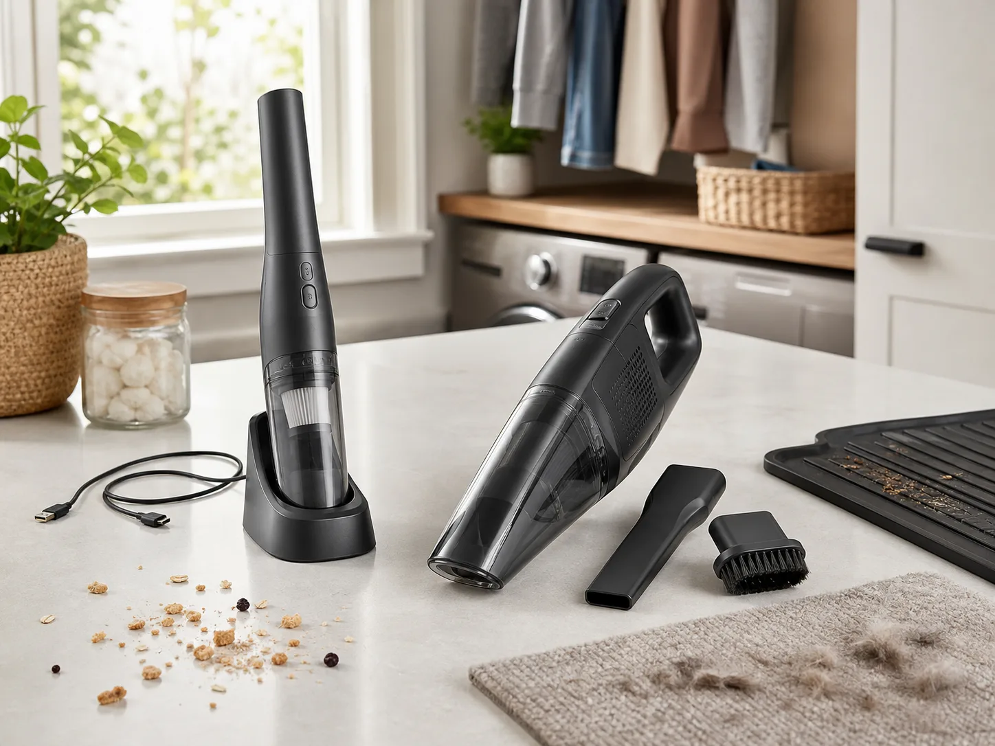 Two unbranded cordless handheld vacuums on a bright utility-room counter with a charging dock, crevice tool, pet brush, car mat, crumbs, and fabric swatch for the Shark WANDVAC WV201 vs BLACK+DECKER CHV1410L comparison