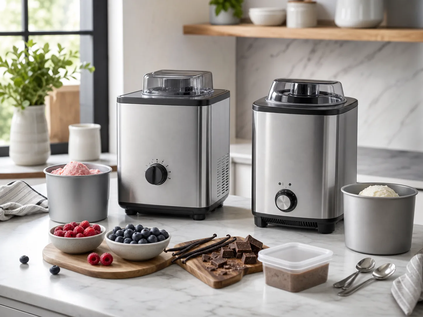 Two unbranded countertop frozen treat makers on a bright kitchen counter with pint cups, berries, vanilla, chocolate pieces, and spoons for the Ninja CREAMi comparison