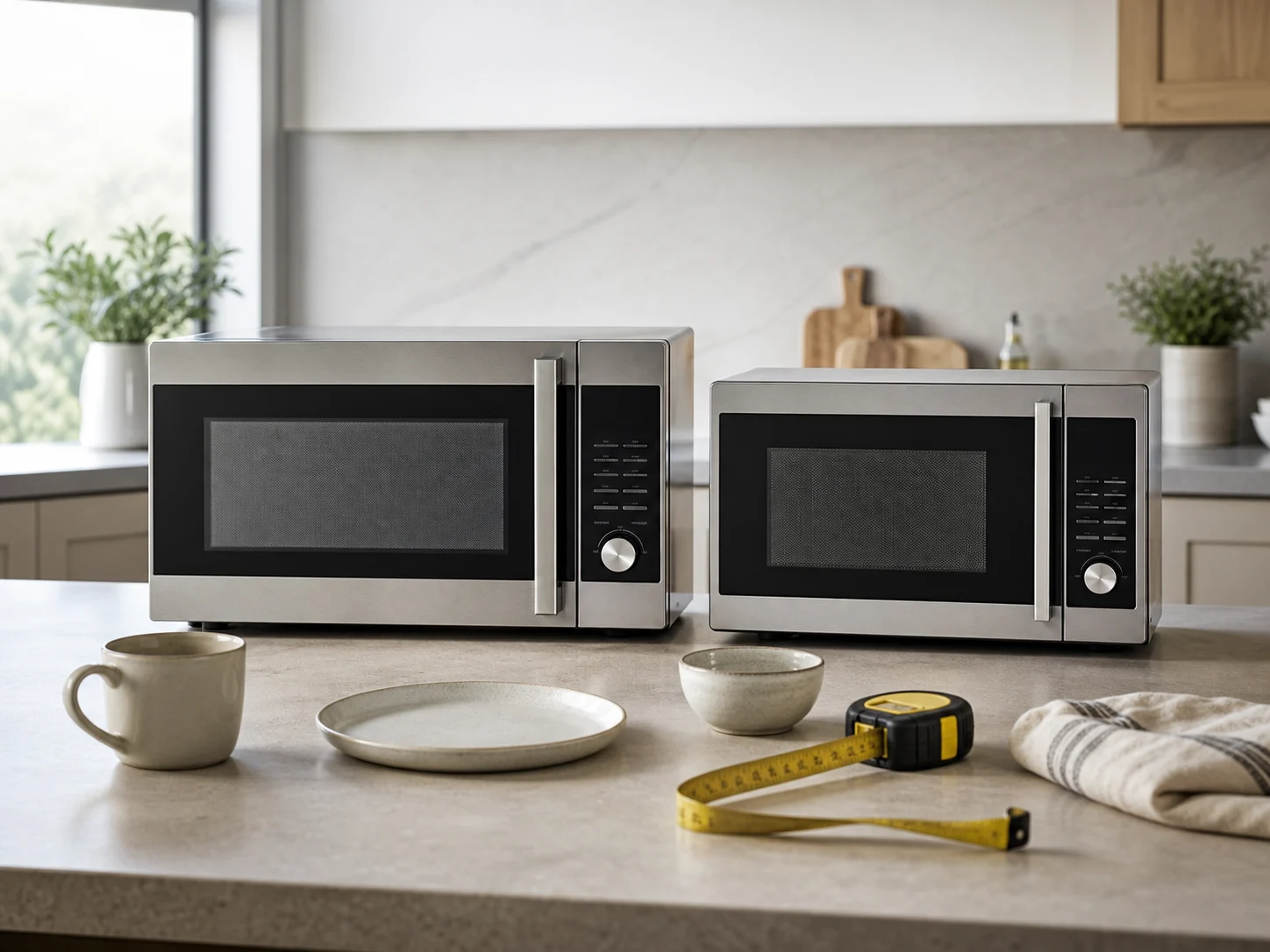 Two unbranded countertop microwave ovens on a bright kitchen counter with a dinner plate, mug, bowl, measuring tape, and folded towel for the Panasonic NN-SN686S vs Toshiba EM131A5C-BS comparison