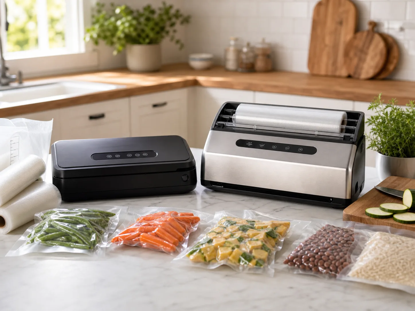 Two unbranded countertop vacuum sealers on a bright kitchen counter with bag rolls, sealed vegetables, pantry goods, a cutting board, and freezer-prep supplies for the FoodSaver FM2100 vs NESCO VS-12 comparison