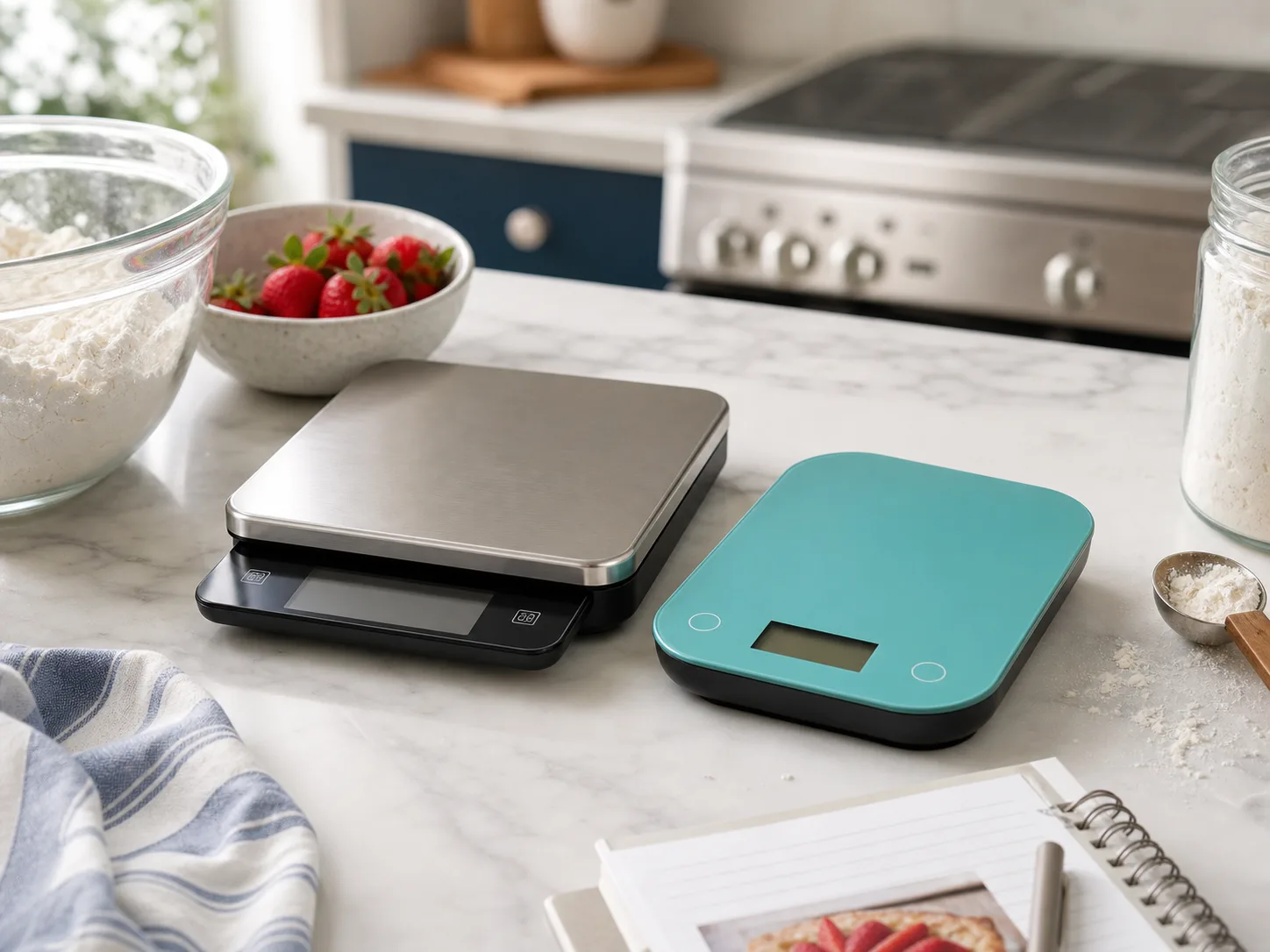 Two compact digital kitchen scales on a bright counter with flour, strawberries, measuring spoons, a mixing bowl, a towel, and a recipe notebook for the OXO Good Grips vs Escali Primo comparison