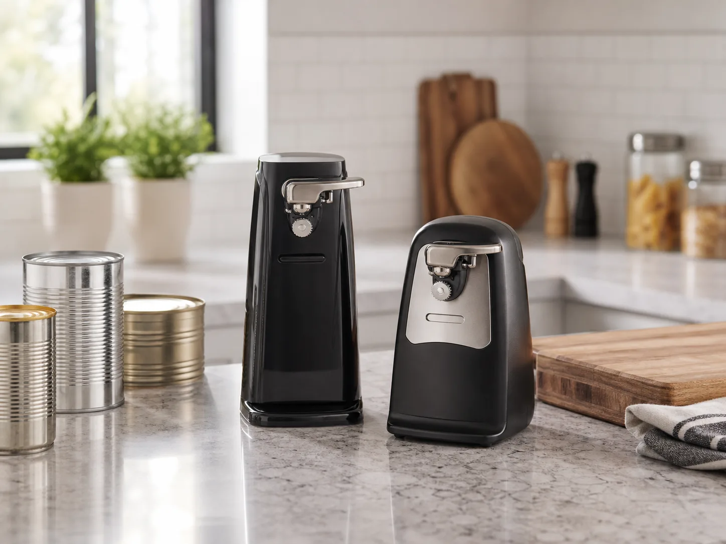 Two black countertop electric can openers on a bright kitchen counter with unopened cans and a cutting board for the Hamilton Beach Smooth Touch vs Cuisinart Deluxe comparison