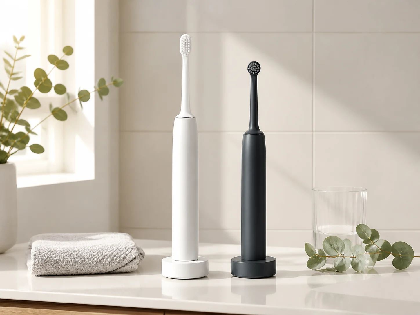 An unbranded white sonic electric toothbrush and charcoal round-head electric toothbrush upright on charging bases beside a towel, tumbler, and greenery in a bright bathroom