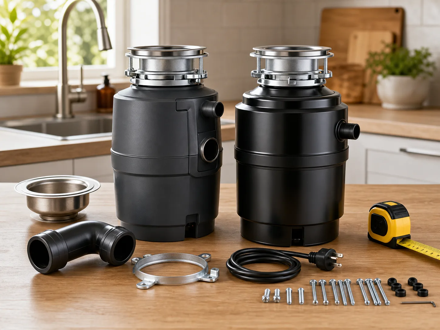 Two compact garbage disposal units on a clean kitchen workbench with a sink flange, drain elbow, power cord, mounting ring, measuring tape, and installation hardware for the InSinkErator Badger 5 vs Waste King L-2600 comparison