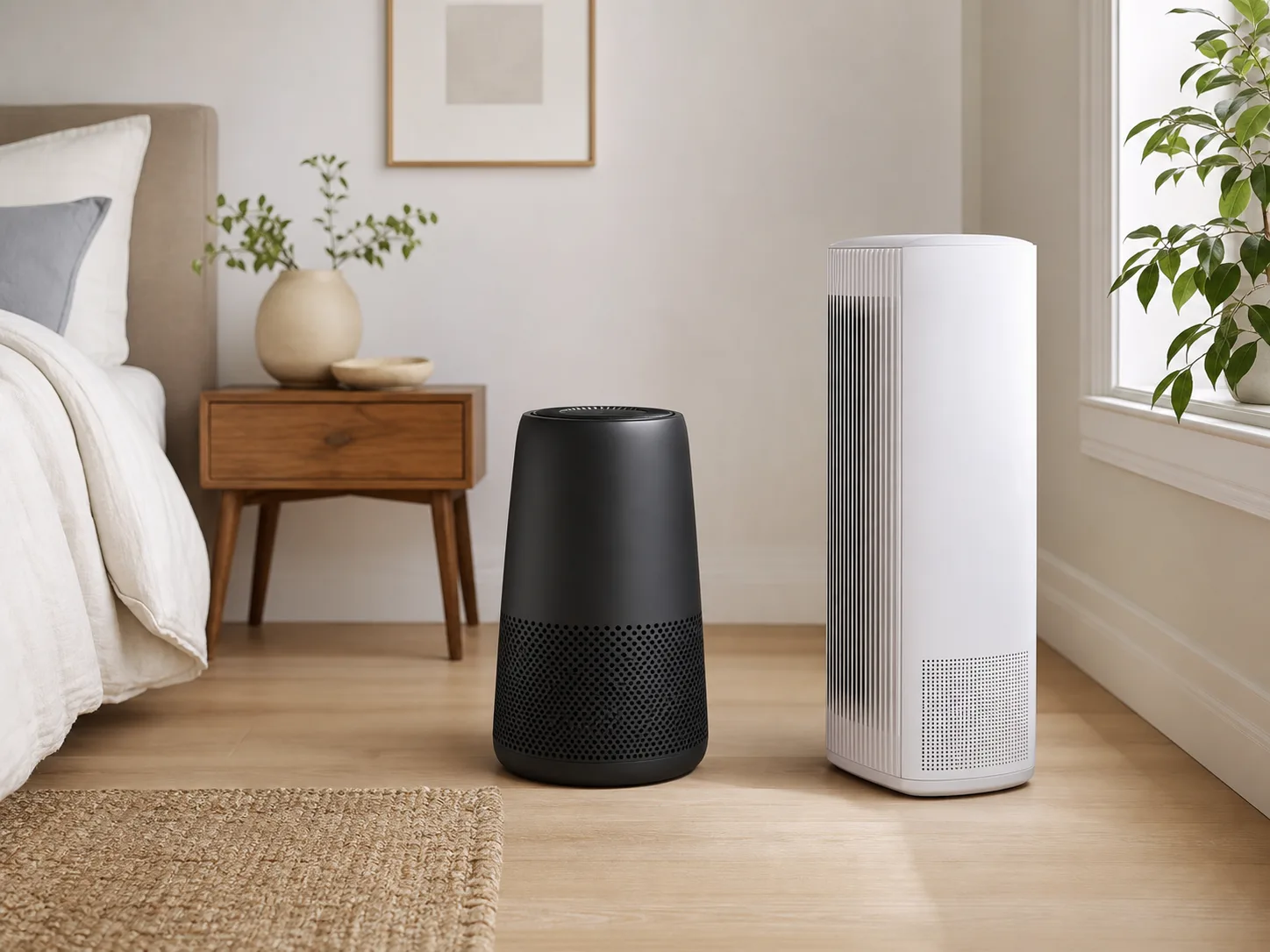 Two quiet air purifier appliances in a sunlit bedroom beside a bed and window for the Airfree P3000 vs Airdog X3 comparison