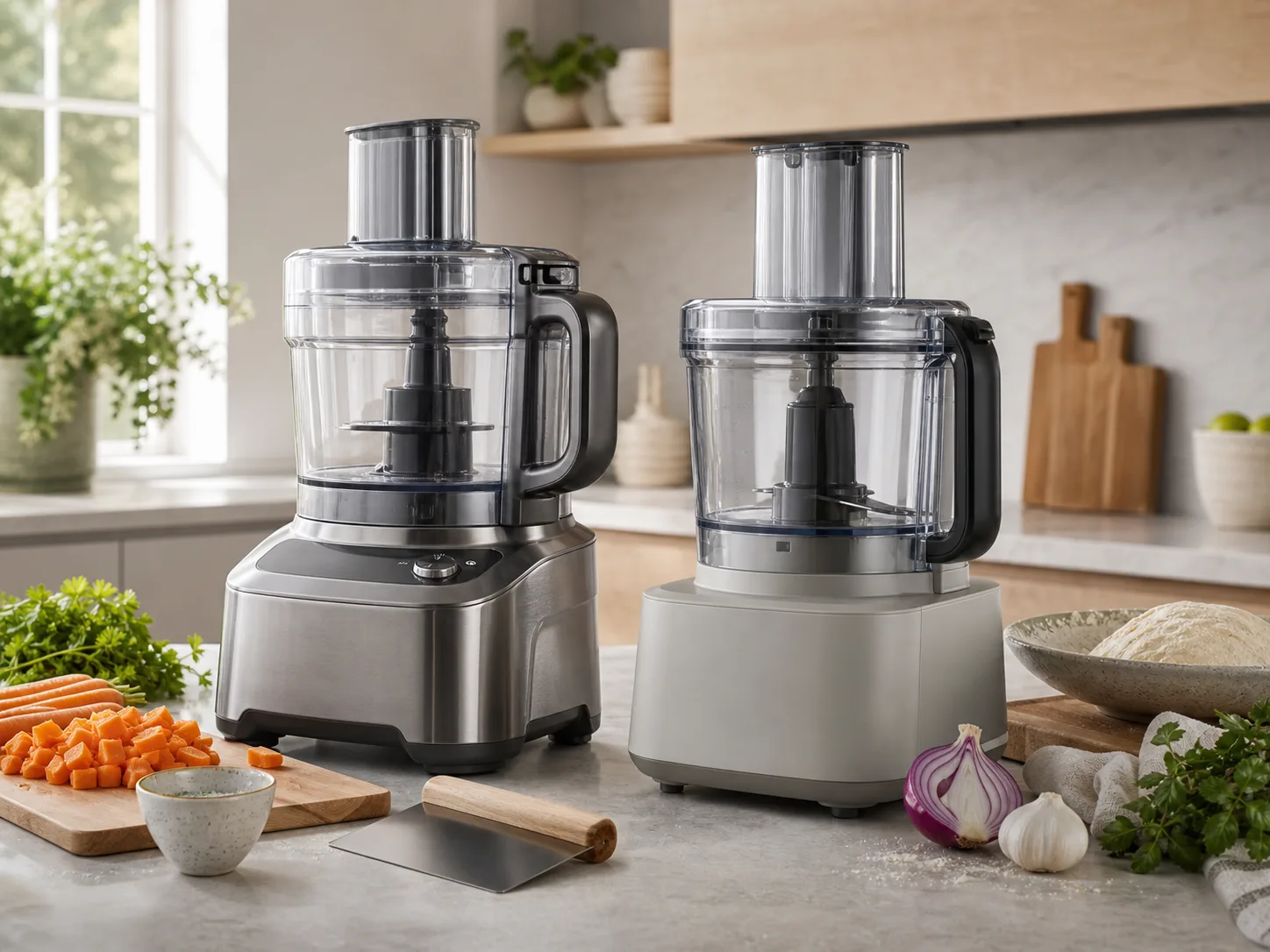 Two unbranded full-size food processors on a bright kitchen counter with chopped vegetables, herbs, onion, and prep bowls for the Cuisinart Custom 14 vs KitchenAid 13-Cup comparison