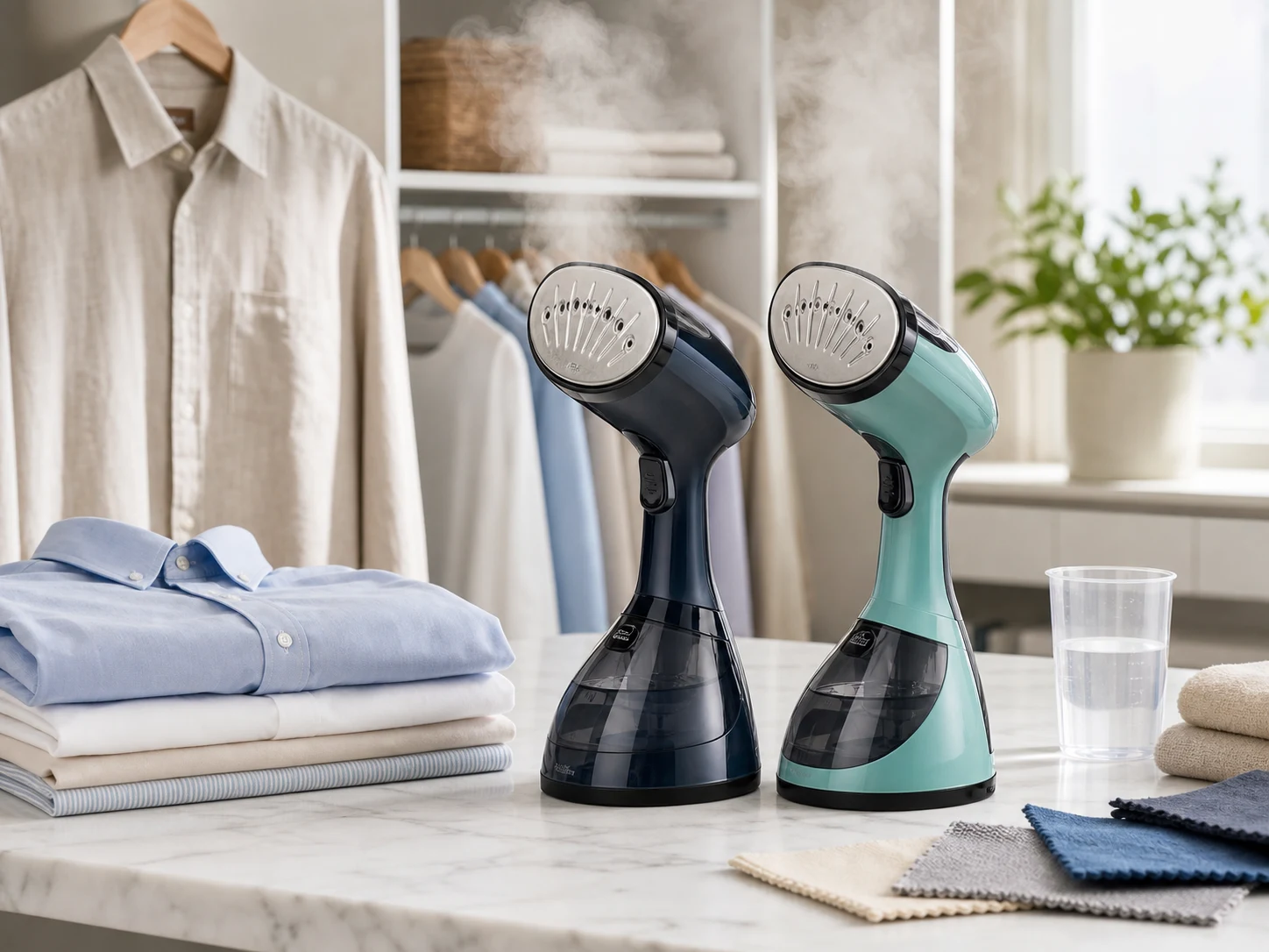 Two handheld garment steamer irons on a bright laundry counter with folded shirts, a hanging linen shirt, water cup, and fabric swatches for the Conair GS108 vs Rowenta Pure Force DR8822 comparison