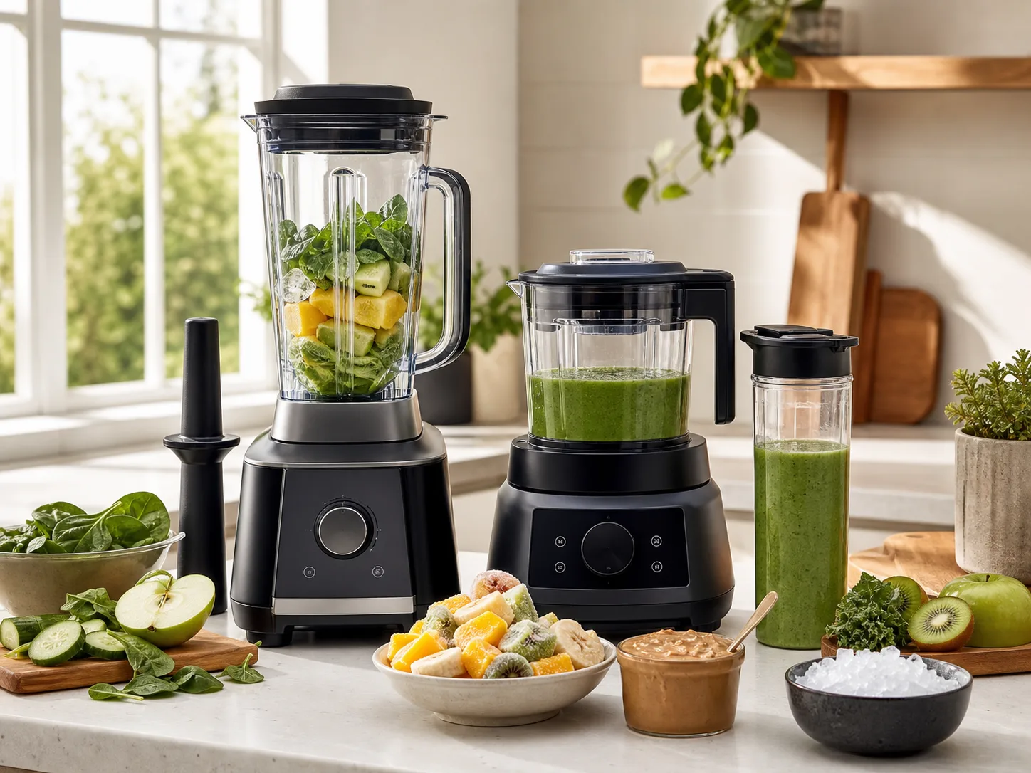 Two premium unbranded countertop blenders on a bright kitchen counter with green smoothie ingredients, frozen fruit, nut butter, and crushed ice for the Vitamix Ascent X5 vs Breville Super Q comparison
