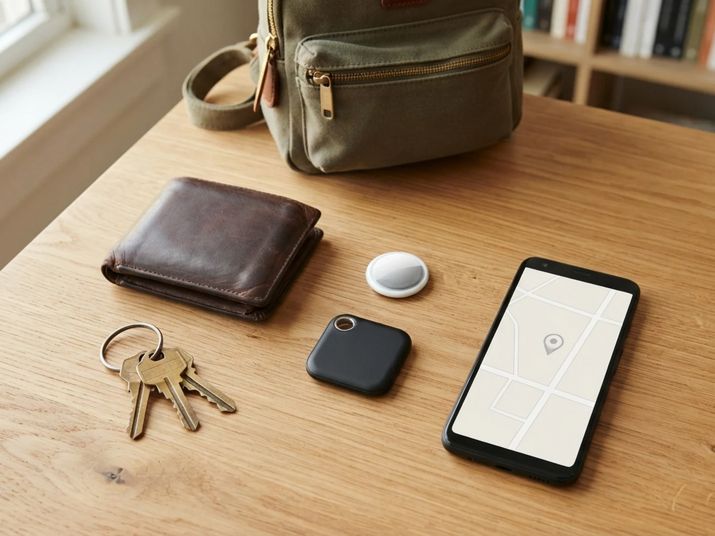 Two small circular Bluetooth item trackers on a desk next to a set of keys, a wallet, and a smartphone showing a finder app for the Apple AirTag vs Tile Mate comparison