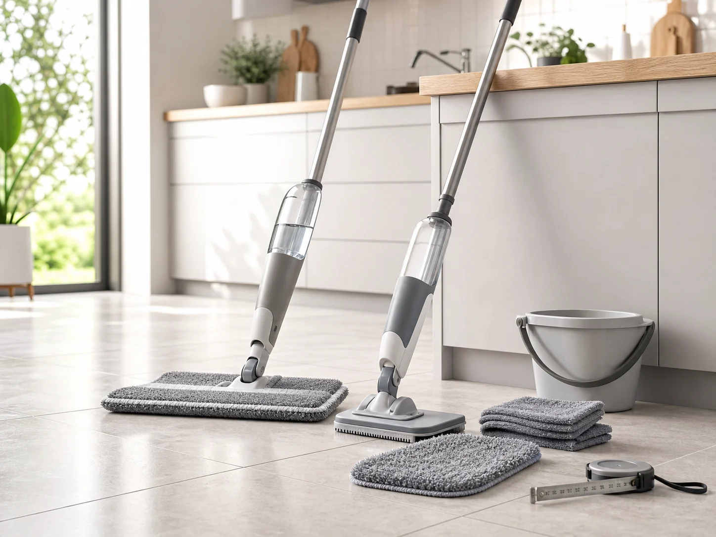 Two unbranded microfiber spray mops on a bright kitchen floor with washable pads, a refillable bottle, cleaning solution, a tile sample, and a small spill for the O-Cedar ProMist MAX vs OXO Good Grips spray mop comparison
