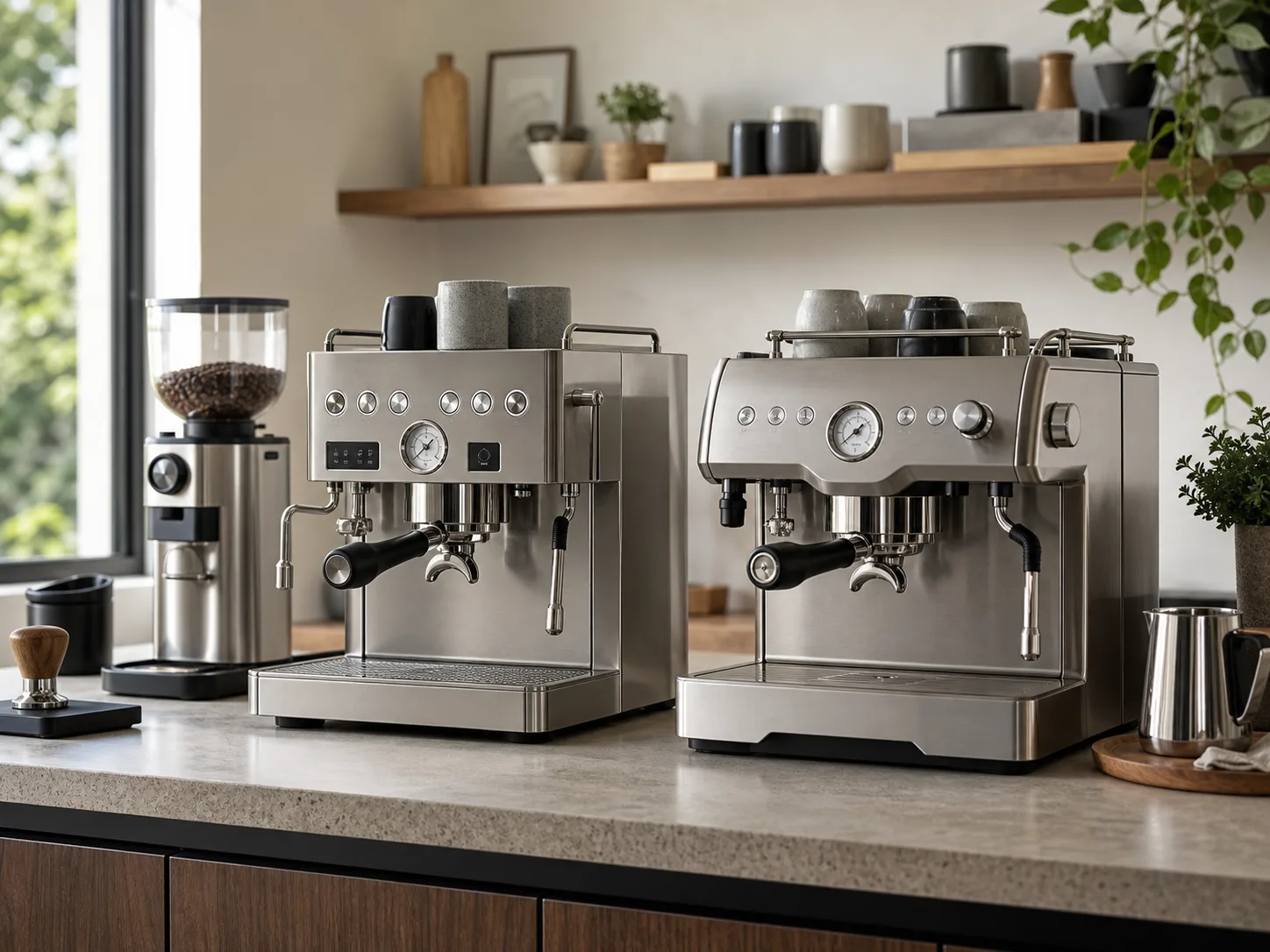 Two stainless steel espresso machines on a home coffee bar with cups, scales, and coffee tools for the Breville Dual Boiler vs Rancilio Silvia Pro X comparison