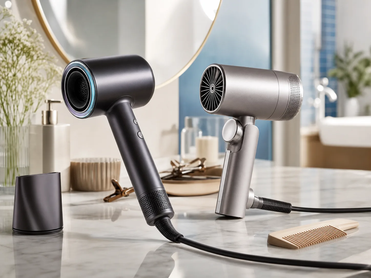 Two premium hair dryers on a clean salon vanity with combs, clips, and soft daylight for the SpeedStyle Pro FLEX vs Supersonic Nural comparison