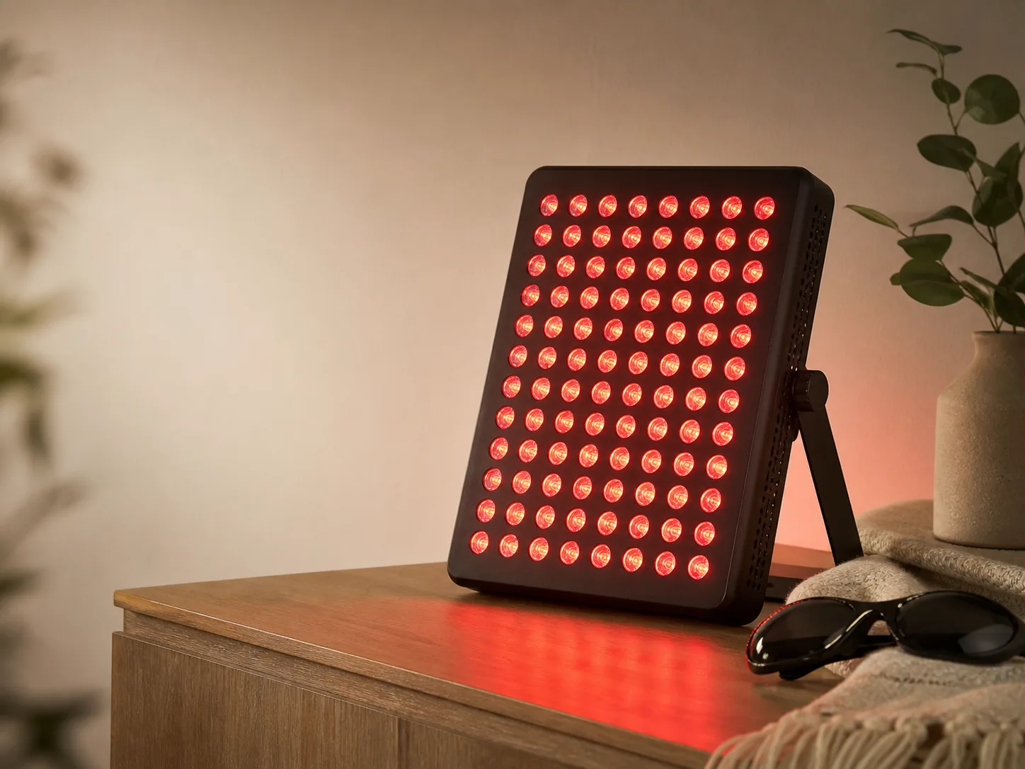 Compact red light therapy panel glowing on a home tabletop beside protective glasses for the Hooga HG300 vs BestQool BQ60 comparison