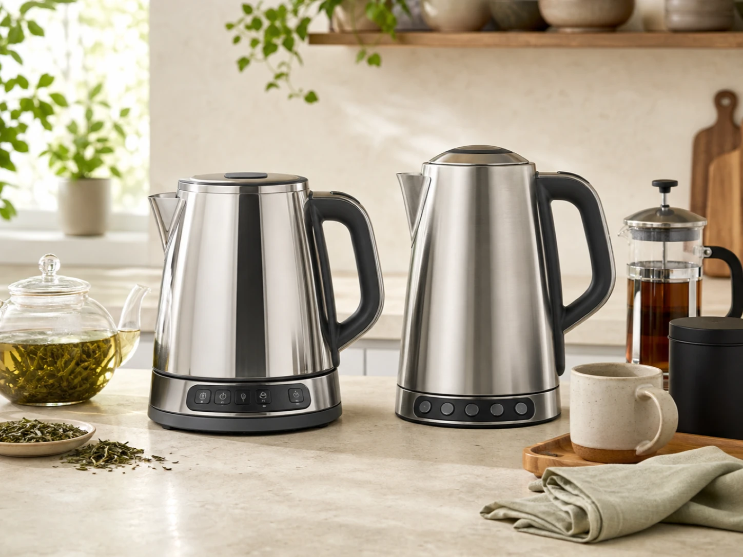 Two unbranded stainless-steel variable-temperature electric kettles beside loose tea, a glass teapot, French press, ceramic mug, linen, and a kitchen counter for the Cuisinart PerfecTemp vs Breville Temp Select comparison.