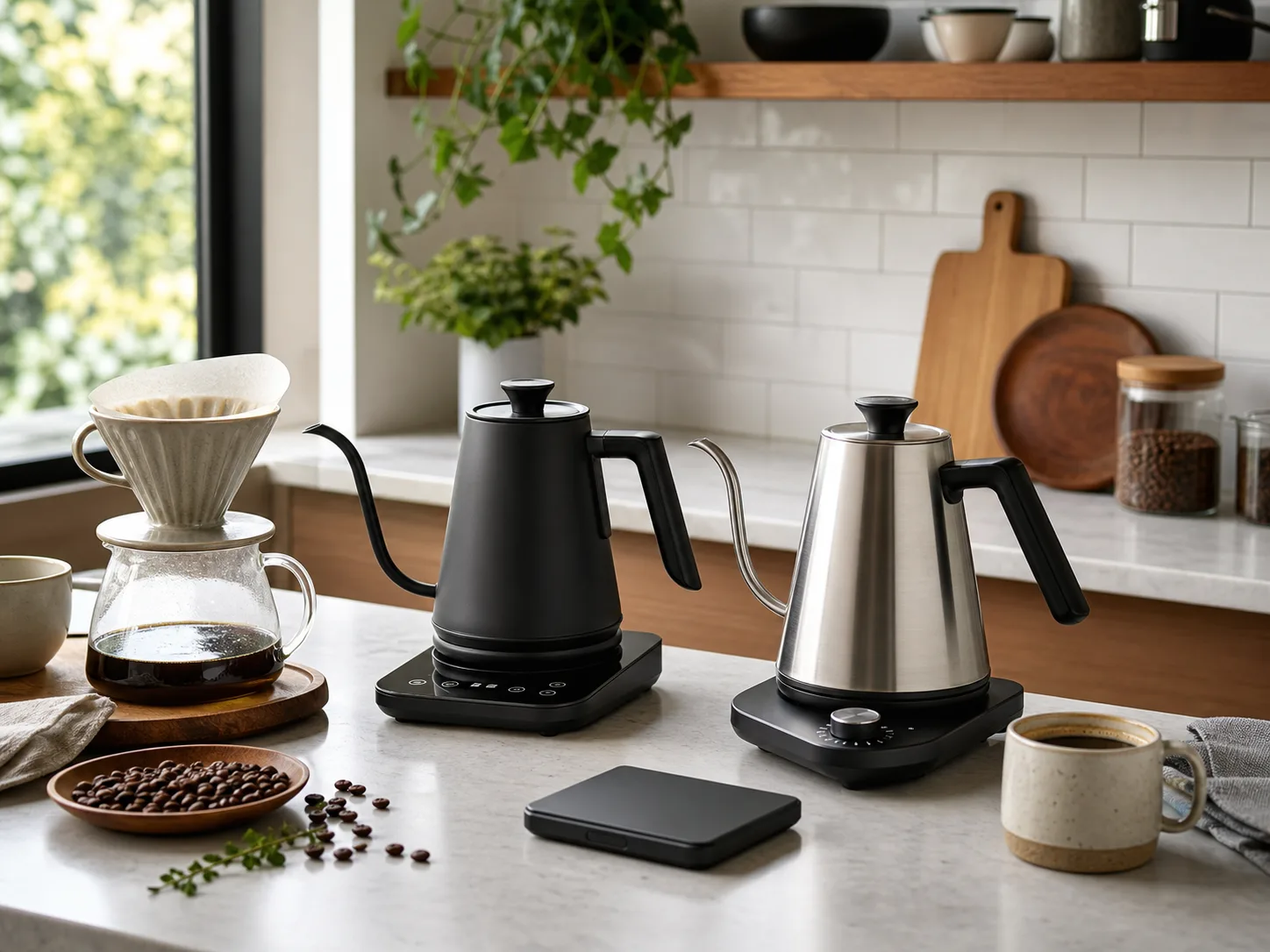 Two unbranded variable-temperature electric gooseneck kettles on a bright kitchen coffee bar with a dripper, glass carafe, scale, mugs, and coffee beans for the Fellow Stagg EKG Pro vs OXO Brew gooseneck kettle comparison